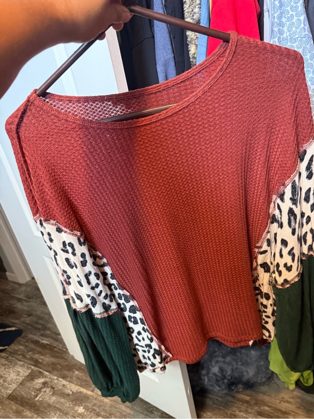 Main Strip Waffle Knit Colorblock Top - Rust, Green & Cream Leopard